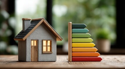 Eco friendly House Model Displaying Energy Efficiency Rating Surrounded by Miniature Trees Representing Sustainable Development