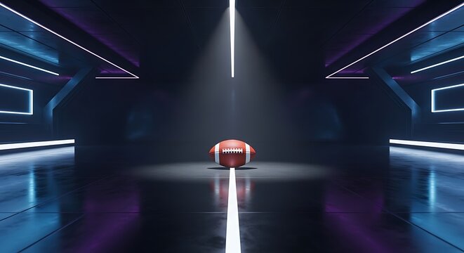 American football resting on reflective floor in dark futuristic tunnel with dramatic spotlight and neon light