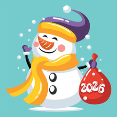 A mascot of a cheerful snowman with a bag of gifts