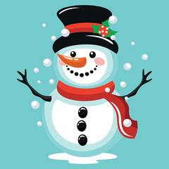 A mascot of a cheerful snowman in a hat and scarf