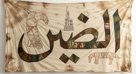 Textile art featuring arabic calligraphy and figurative motifs in earth tones and patchwork