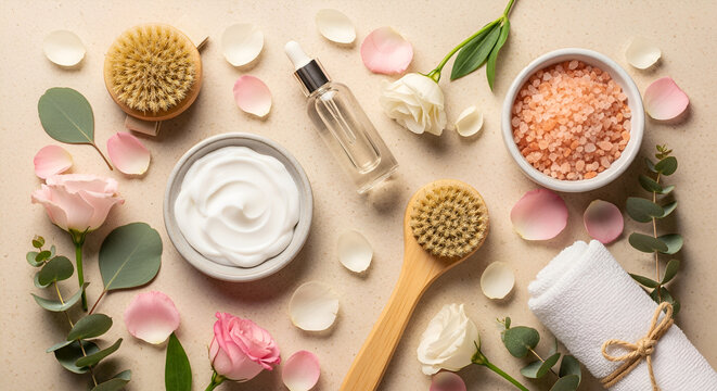 A serene spa-inspired beauty flat lay featuring natural skincare products surrounded by delicate fresh flowers. Include a ceramic dish filled with rich white cream, a glass serum bottle, a bamboo brus