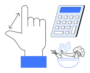 Hand gesture indicating portion control, digital calculator, and vegetable bowl highlight healthy eating, meal planning, diet tracking, and balanced nutrition. Ideal for wellness, moderation, simple