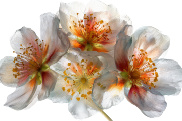 Delicate white cherry blossom flowers with orange centers and yellow stamens image, Isolated On Transparent Background, Png Cut Out