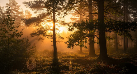 Enchanted Woodland: The image features a serene scene of sun-drenched woodland, with golden rays piercing through the misty air, casting a magical glow over the forest floor.