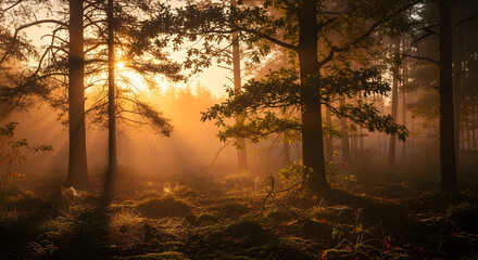 Naklejka premium Golden Forest: The sun's rays cascade through the dense forest, illuminating the landscape and evoking feelings of tranquility and peace. Witness the magic of nature as it unveils its golden secret