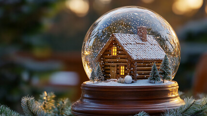 A beautiful snow globe featuring a quaint log cabin scene with snow falling and warm light, surrounded by evergreen branches.