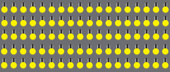 Repetitive pattern of small yellow circular shapes with black stems, uniformly arranged in horizontal rows on a solid grey background