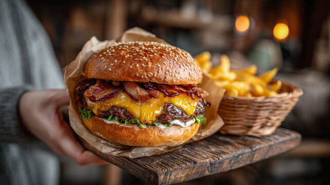 mano ense&ntilde;ando hamburguesa grande completa con bacon , queso, carne de vacuno y lechuga sobre fondo de restaurante borroso