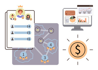 Leaderboard with profiles and rankings, network diagram with locks and stars, e-commerce dashboard, and dollar sign. Ideal for teamwork, business strategy, gamification, analytics, security