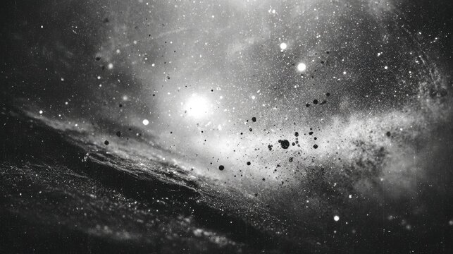 Black and white distressed abstract background with retro film grain, dust, scratches, motion blur, and light leaks