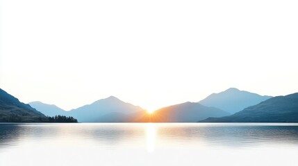 A serene landscape featuring mountains and a setting sun over calm waters