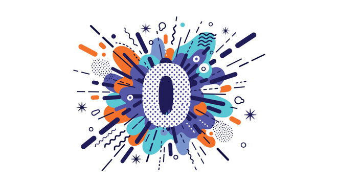 Dynamic and colorful abstract illustration of the number zero, surrounded by an energetic burst of geometric shapes and lines.
