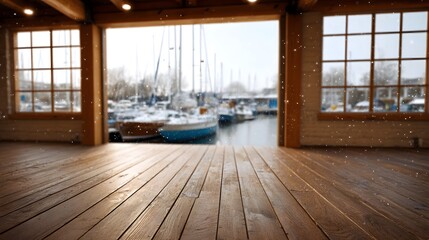 A serene view from a wooden interior overlooking a snowy marina with docked sailboats in soft winter light