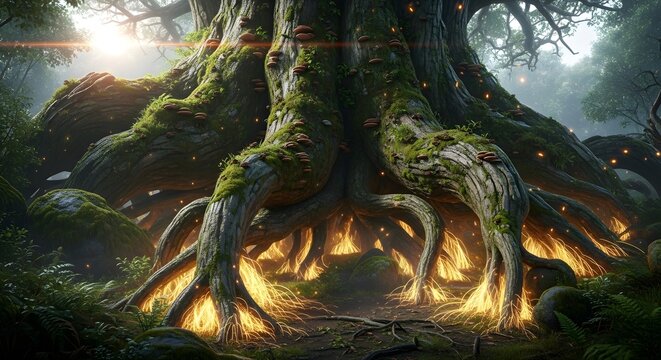 Ancient moss covered tree with glowing roots in a mystical enchanted forest