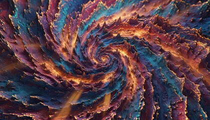 Abstract fractal spiral with glowing particles in blue orange and gold vibrant colors and dramatic lighting