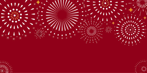 Festive red background with white and gold fireworks and stars