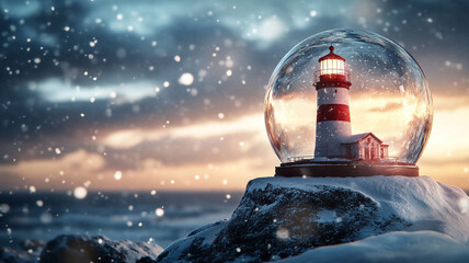 Dramatic snow globe featuring a red and white lighthouse on a snowy cliff edge overlooking the sea at sunset with falling snow.