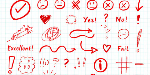 Hand drawn red symbols and icons on grid paper