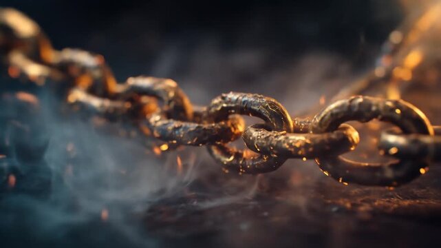 Close-up of a weathered golden chain, smoke and embers swirling around the metal links