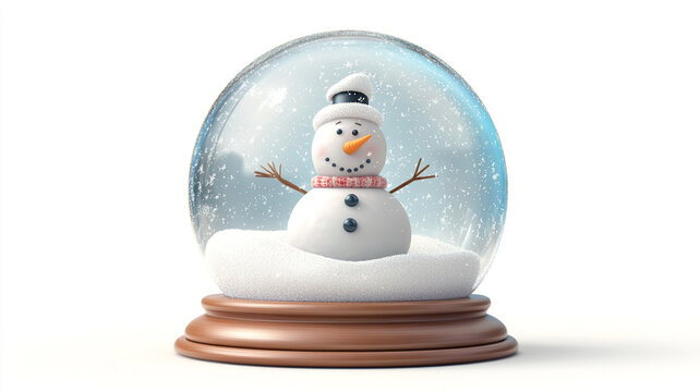 Cute snow globe featuring a smiling snowman with a carrot nose and scarf, set on a snowy base and isolated on white.