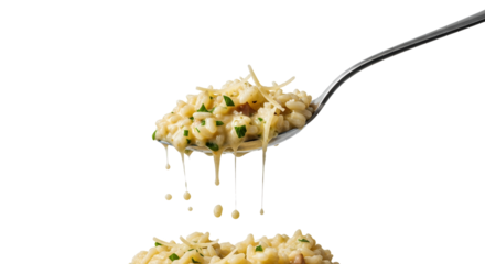 Elevated delight: A spoonful of creamy risotto with melted cheese and herb accents against a stark white background