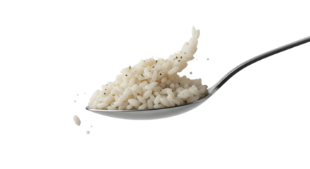 A spoonful of fluffy rice cascading in a dynamic upward motion, showcasing simple yet elegant preparation on pristine backdrop