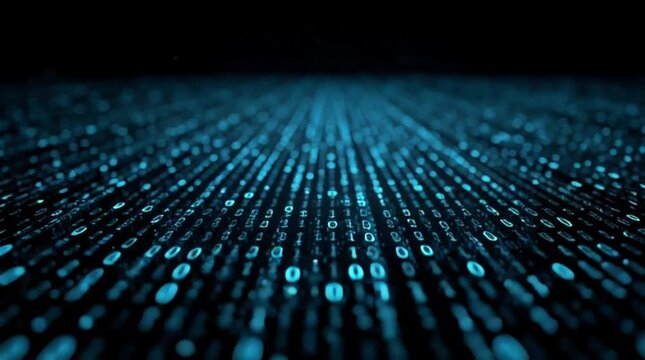 Dynamic stream of glowing blue binary code flowing across dark background, ideal for tech, coding or innovation concepts and futuristic ideas.