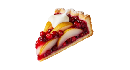 Elegant dessert piece showcasing a cranberry filling and pear slices on a white background making the colours pop