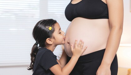 A sweet moment captured a young girl lovingly kisses her pregnant mother's belly, anticipating a new sibling