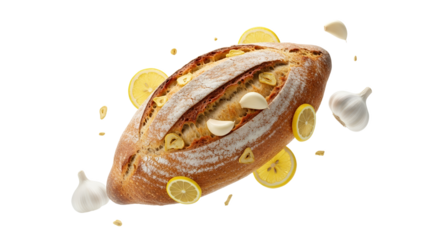 Artisanal loaf with zesty citrus and savory allium accents in a minimalist composition