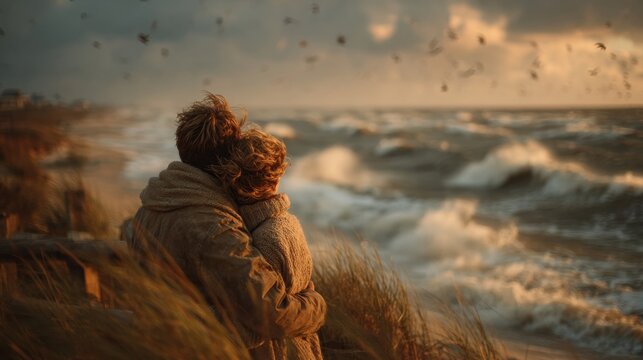 Couple embracing on a windy autumn day by the sea, enjoying nature and freedom together, a romantic and peaceful moment on the coast
