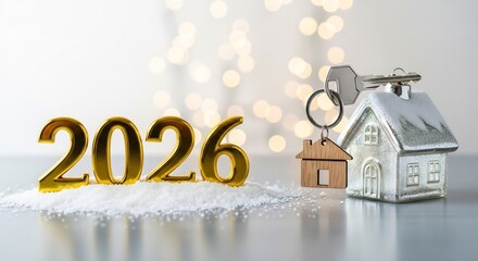Real Estate Market Outlook 2026: Golden year numbers and miniature house with key on snow.