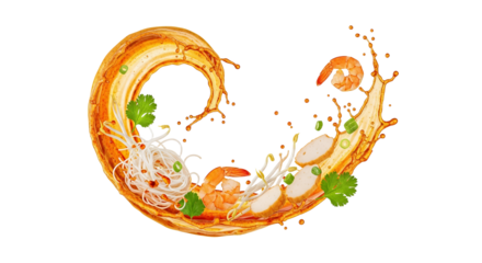 A vibrant explosion of flavors showcasing Asian cuisine with noodles, shrimp, and fresh herbs within a dynamic swirl of flavorful broth