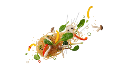 Dynamic presentation of stir-fried noodles with vivid vegetables and mushrooms on a white backdrop for culinary excellence