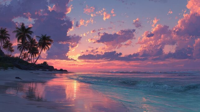 Vivid sunset casts beautiful light across the sky and the Pacific Ocean at a rocky California beach