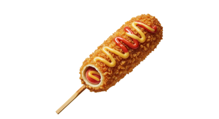 Crunchy korean corn dog with vibrant sauces presented on a pure white setting providing a mouthwatering visual treat ideal for food advertising