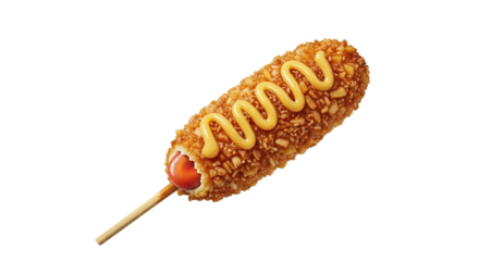 Crispy Korean corn dog with mustard drizzle on a stick, street food snack, isolated delicacy on white background