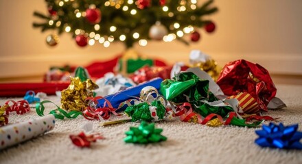 Colorful torn gift wrapping scattered under tree