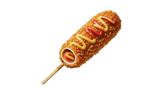 Crunchy korean corn dog with vibrant sauces presented on a pure white setting providing a mouthwatering visual treat ideal for food advertising