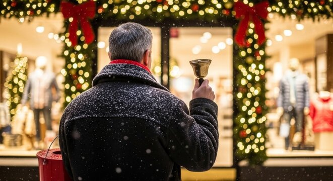 Man ringing a bell outside festive store