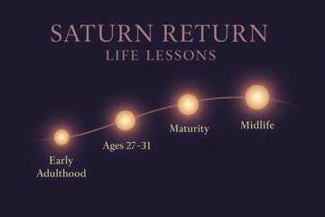 Saturn Return journey through life lessons depicting early adulthood maturity and midlife transitions illuminated by celestial orbs representing self discovery and growth