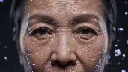 Digital face formed by glowing particles with glitching effects on a dark background - Powered by Adobe