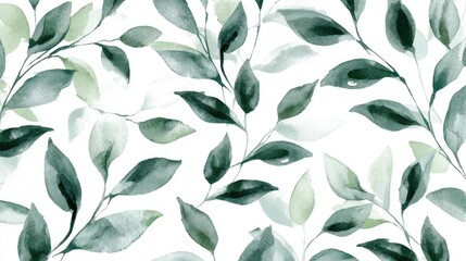 A delicate watercolor pattern featuring various green leaves on a white background, evoking a fresh and natural aesthetic.