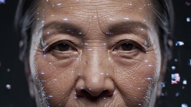 Digital face formed by glowing particles with glitching effects on a dark background