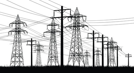 Transmission towers silhouette, utility poles with power lines, electrical infrastructure network, lattice steel structures, energy distribution system, electricity supply grid, vector illustration