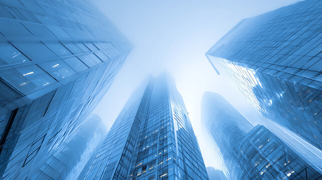 Tall glass skyscrapers reaching into a foggy blue sky image - Powered by Adobe