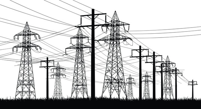 Transmission towers silhouette, utility poles with power lines, electrical infrastructure network, lattice steel structures, energy distribution system, electricity supply grid, vector illustration