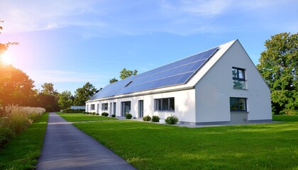 Modern house with solar panels on the roof.