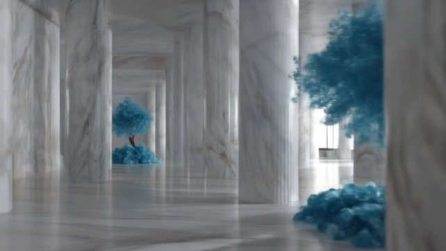 Inside a palatial hall, adorned with marble columns and illuminated by soft, natural light, blue tree